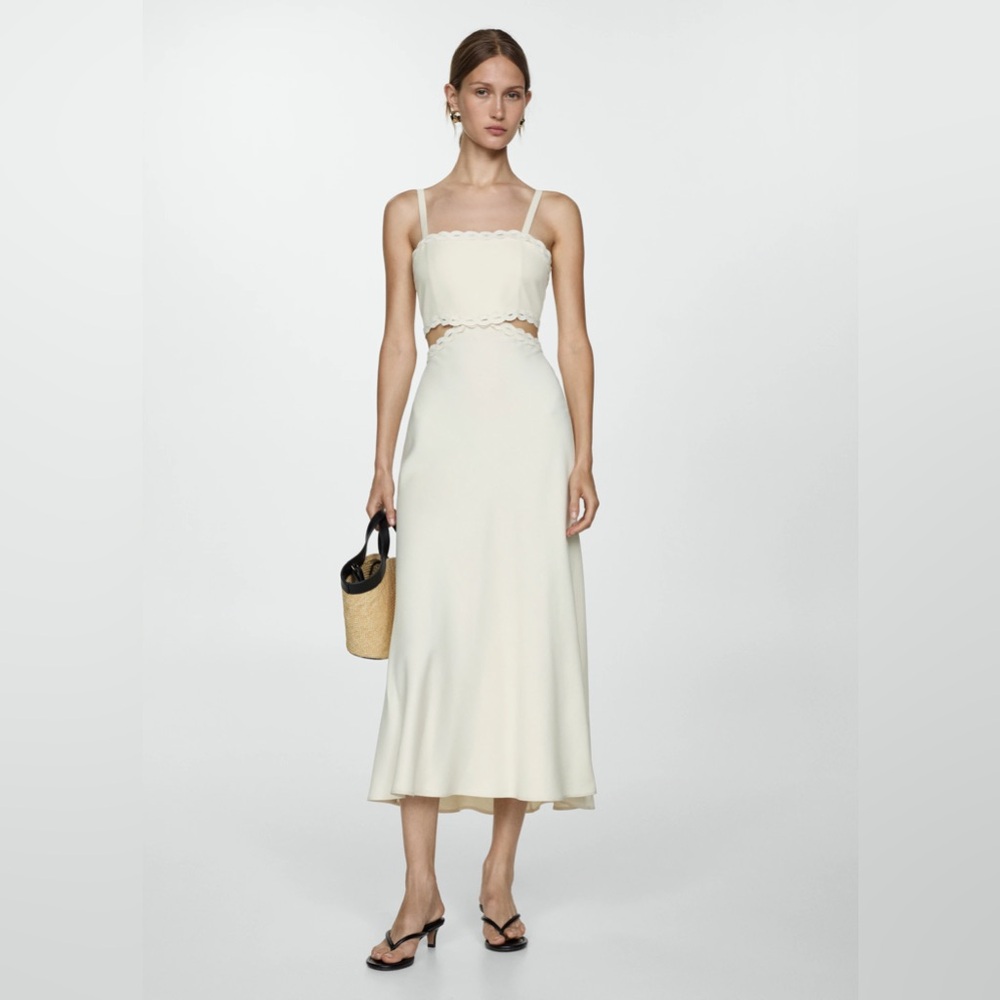 Mango Cream Cutout Midi Dress with Scalloped Trim